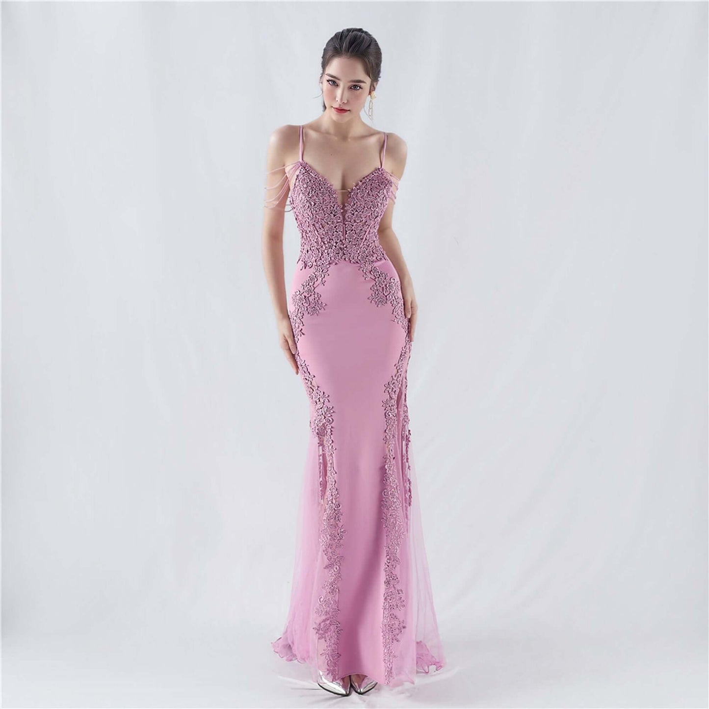 Elegant Green Lace Appliqué Evening Gown with Spaghetti Straps and Side Sheer Panels | 33021