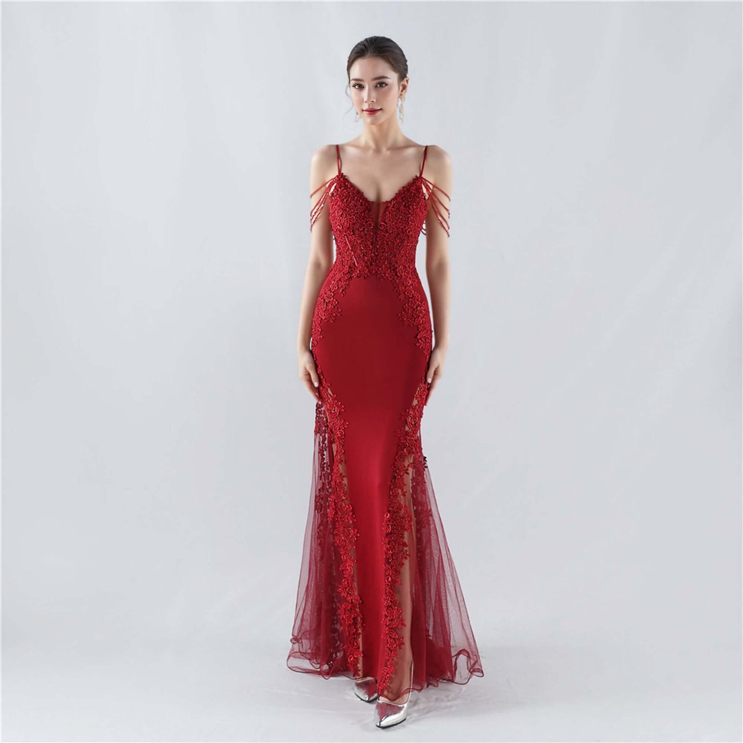 Elegant Green Lace Appliqué Evening Gown with Spaghetti Straps and Side Sheer Panels | 33021