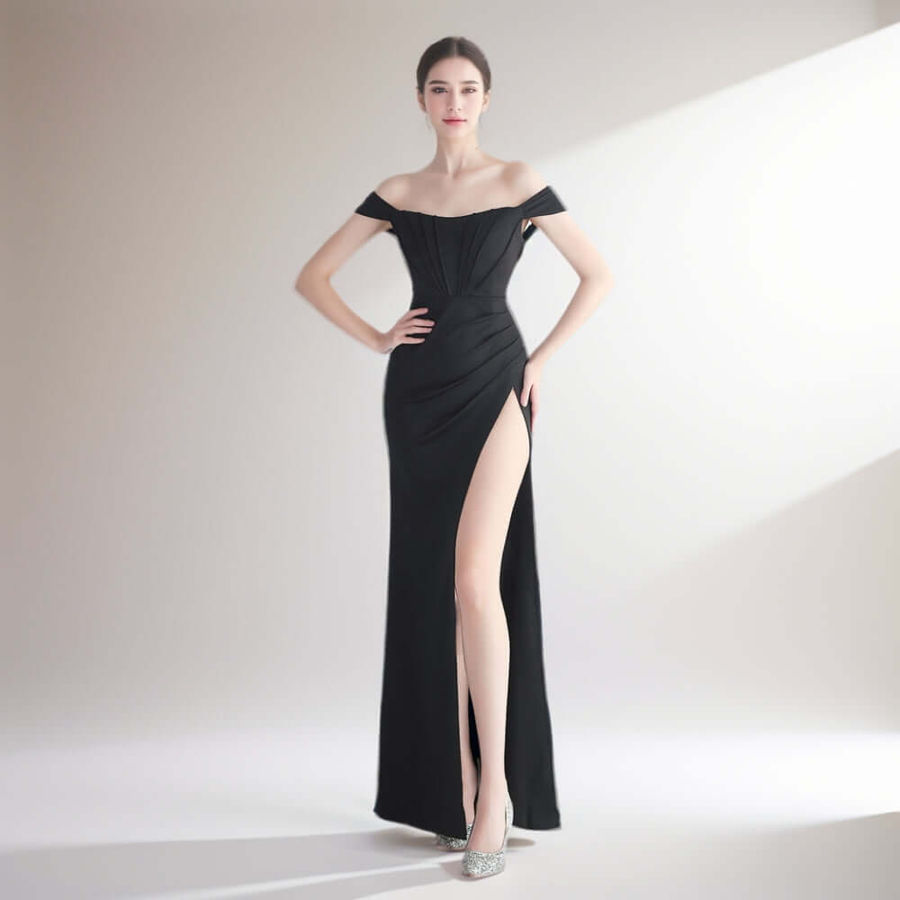 Elegant Off-Shoulder Burgundy Evening Gown with High Slit | Formal Prom Dress | 19725