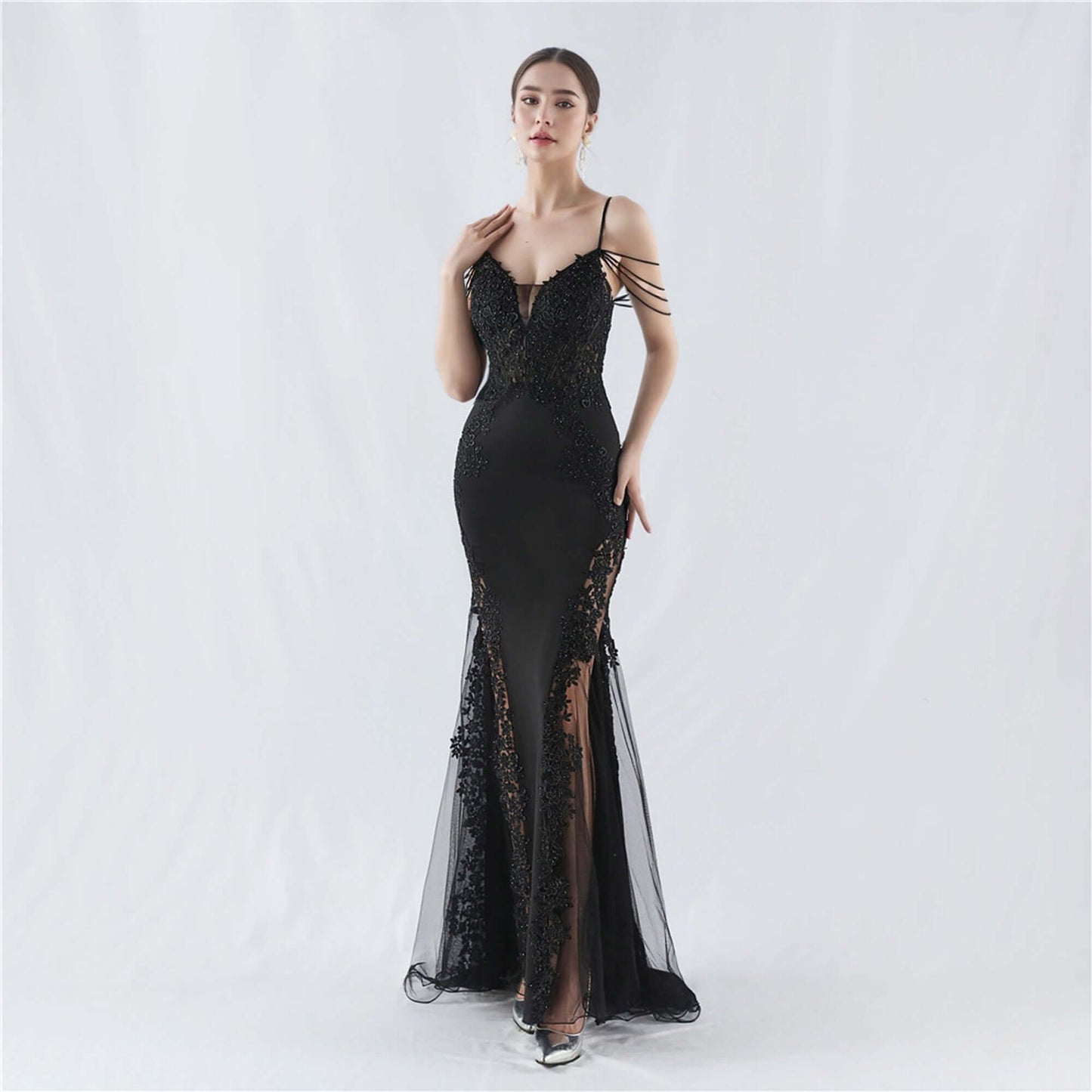 Elegant Green Lace Appliqué Evening Gown with Spaghetti Straps and Side Sheer Panels | 33021