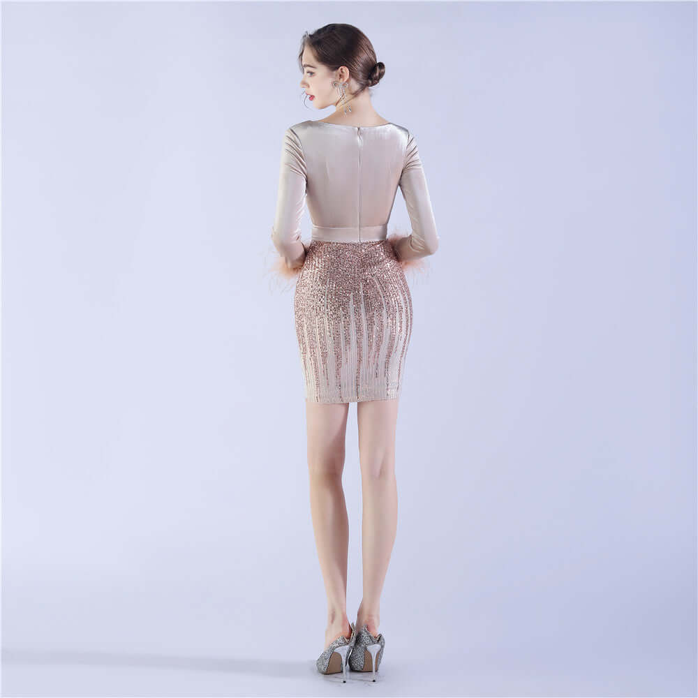 Enchanting Sequin V-Neck Party Dress | Stunning Fitted Long Sleeve Gown