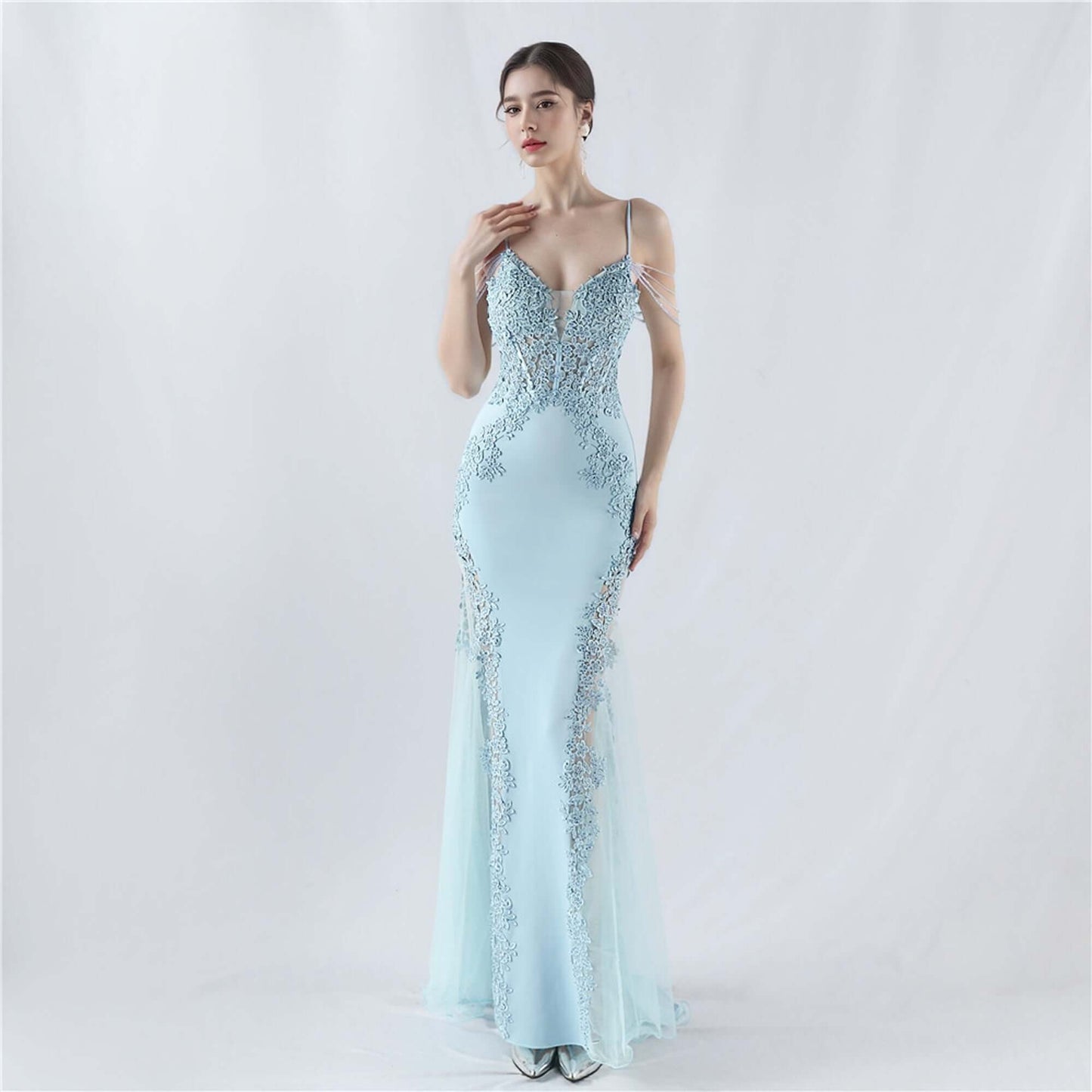 Elegant Green Lace Appliqué Evening Gown with Spaghetti Straps and Side Sheer Panels | 33021
