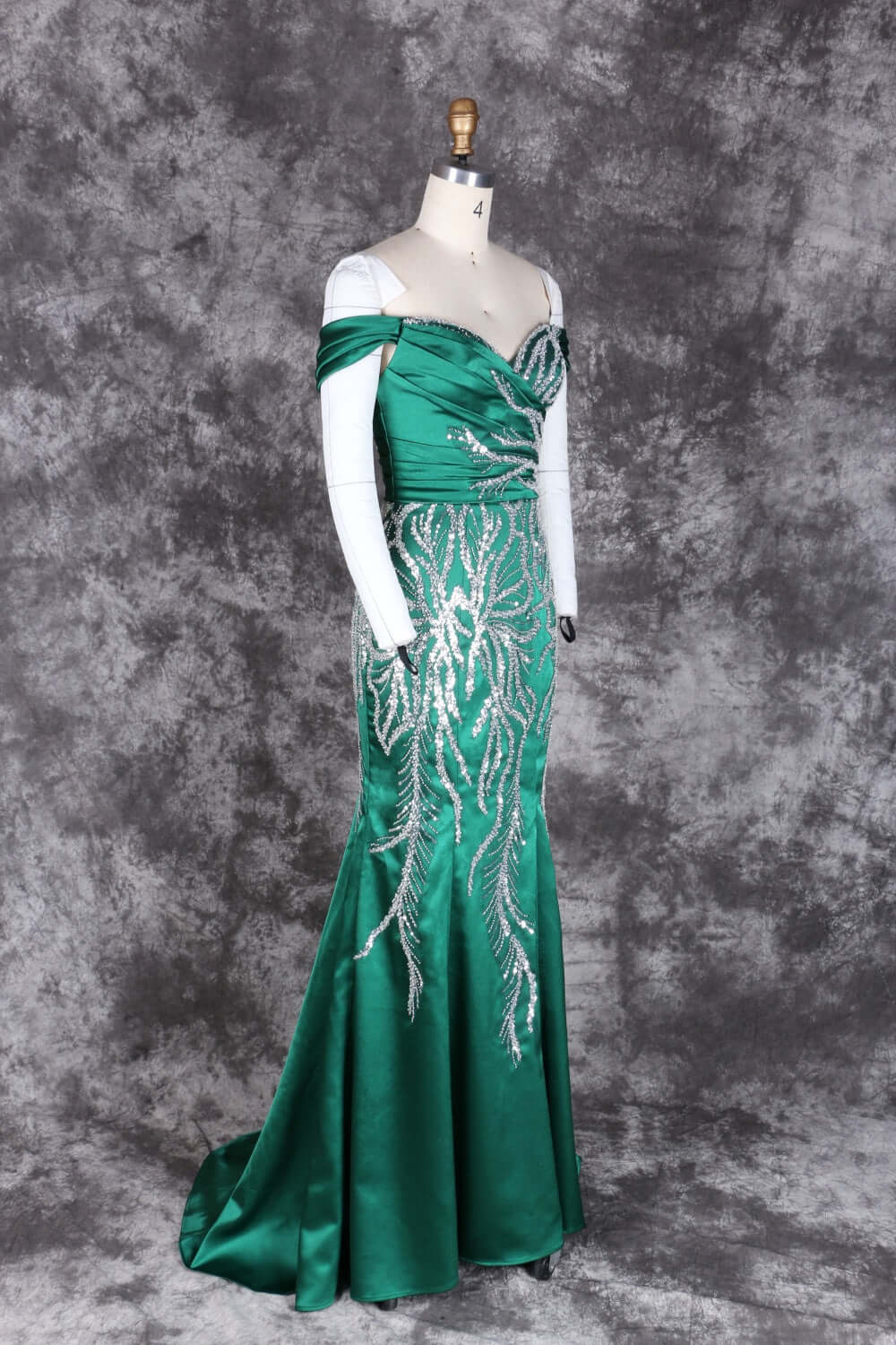 off-shoulder sequin embellished gown