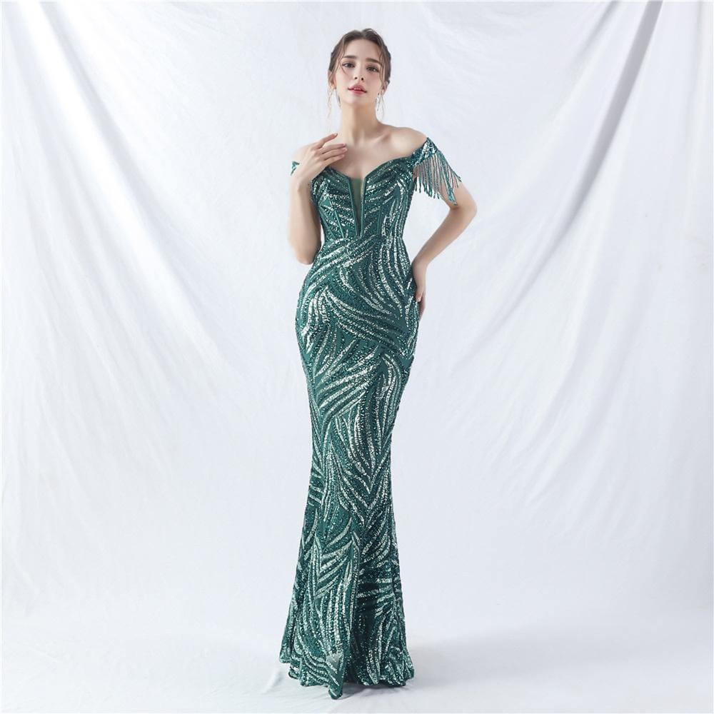 Elegant Off-Shoulder Red Sequin Gown with Fringe Sleeves for Formal Occasions | 31963
