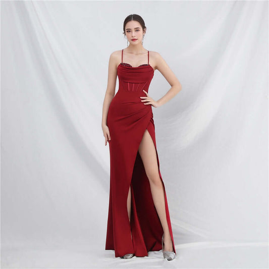 Elegant Beaded Neckline Spaghetti Strap High Slit Evening Gown - Perfect for Prom & Formal Events
