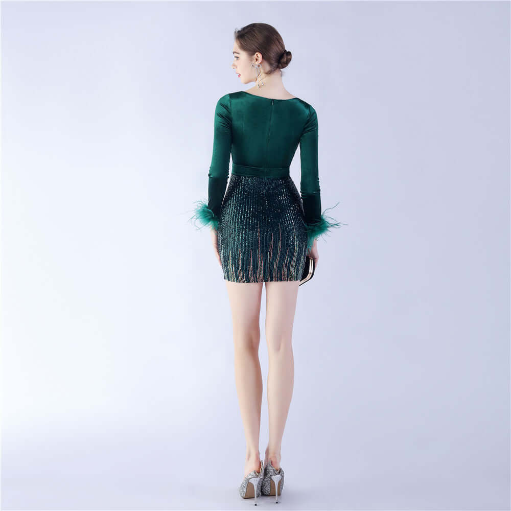 Enchanting Sequin V-Neck Party Dress | Stunning Fitted Long Sleeve Gown