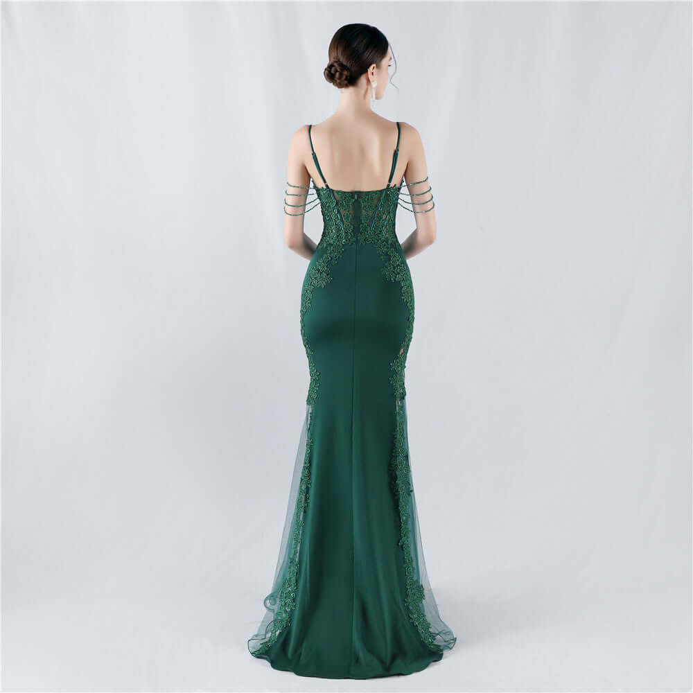 Elegant Green Lace Appliqué Evening Gown with Spaghetti Straps and Side Sheer Panels | 33021